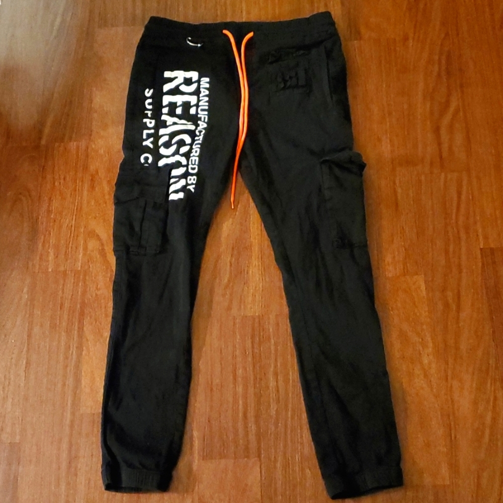 REASON Men's Black Pants Stating "Manufactured By REASON Supply Co - Medium